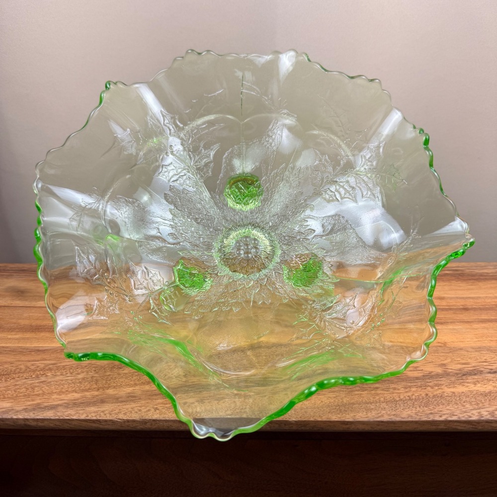 Fenton Stag and Holly Green Uranium Glass Footed Bowl Ruffled Glass 11in